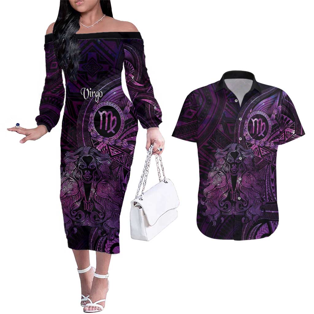 Personalised Polynesia Zodiac Virgo Couples Matching Off The Shoulder Long Sleeve Dress and Hawaiian Shirt Galaxy Polynesian Pattern Chest Tattoo Style