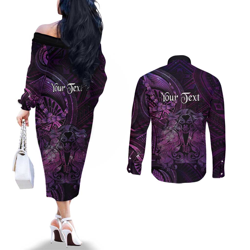 Personalised Polynesia Zodiac Virgo Couples Matching Off The Shoulder Long Sleeve Dress and Long Sleeve Button Shirt Galaxy Polynesian Pattern Chest Tattoo Style