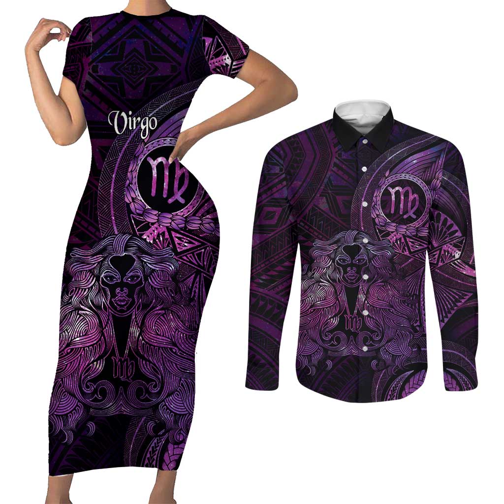 Personalised Polynesia Zodiac Virgo Couples Matching Short Sleeve Bodycon Dress and Long Sleeve Button Shirt Galaxy Polynesian Pattern Chest Tattoo Style