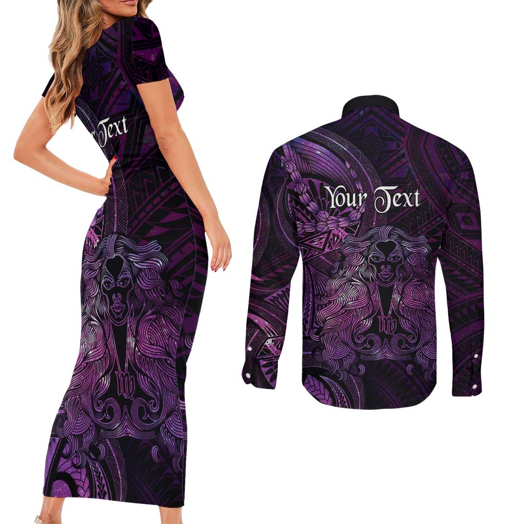 Personalised Polynesia Zodiac Virgo Couples Matching Short Sleeve Bodycon Dress and Long Sleeve Button Shirt Galaxy Polynesian Pattern Chest Tattoo Style