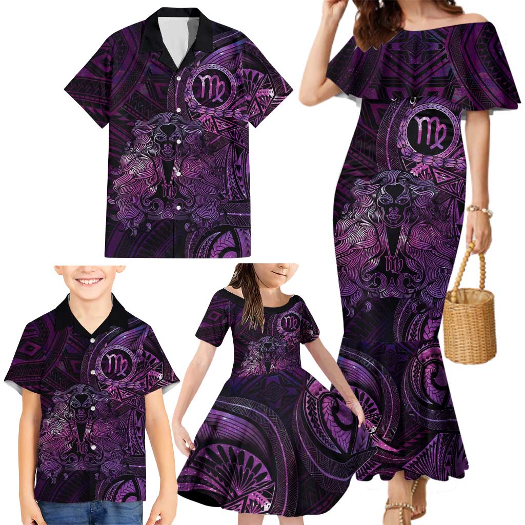 Personalised Polynesia Zodiac Virgo Family Matching Mermaid Dress and Hawaiian Shirt Galaxy Polynesian Pattern Chest Tattoo Style