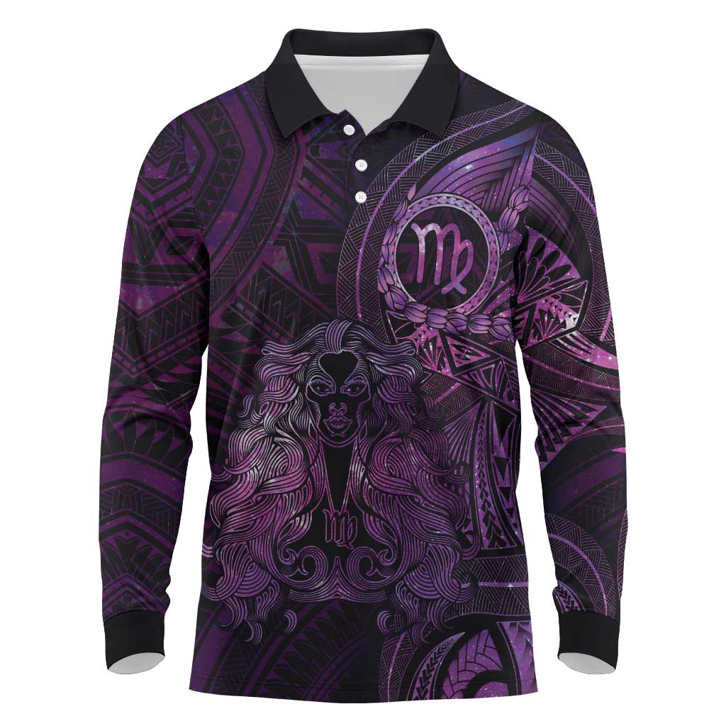 Personalised Polynesia Zodiac Virgo Long Sleeve Polo Shirt Galaxy Polynesian Pattern Chest Tattoo Style