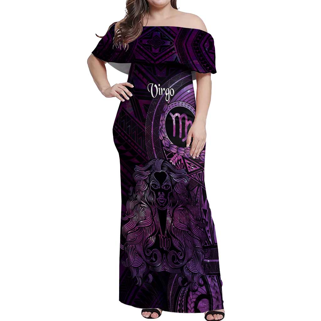 Personalised Polynesia Zodiac Virgo Off Shoulder Maxi Dress Galaxy Polynesian Pattern Chest Tattoo Style