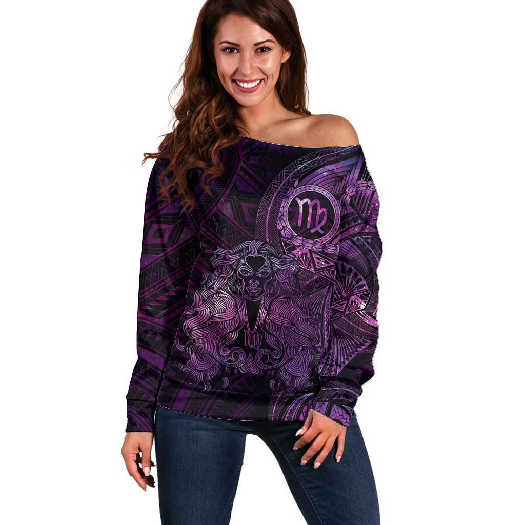 Personalised Polynesia Zodiac Virgo Off Shoulder Sweater Galaxy Polynesian Pattern Chest Tattoo Style