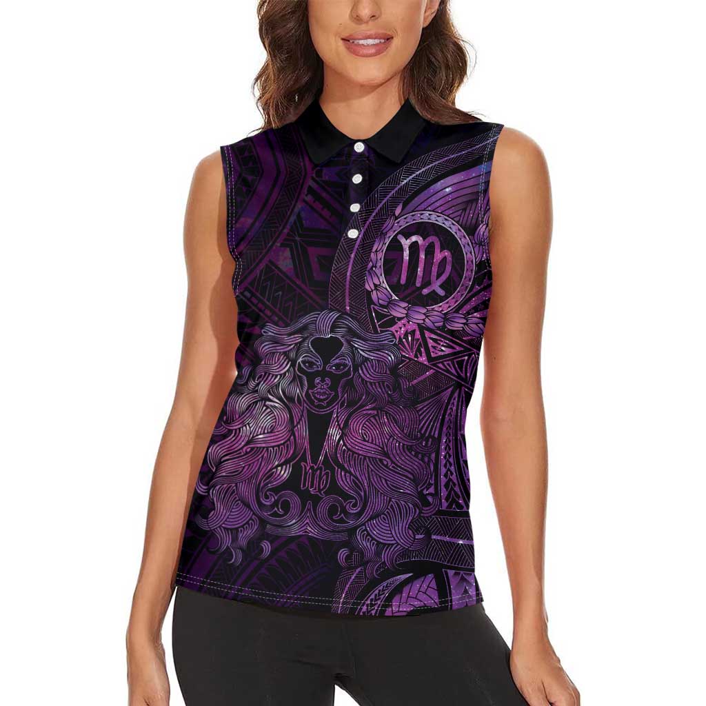 Personalised Polynesia Zodiac Virgo Women Sleeveless Polo Shirt Galaxy Polynesian Pattern Chest Tattoo Style