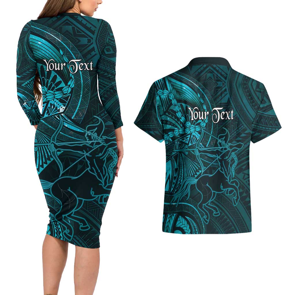 Personalised Polynesia Zodiac Sagittarius Couples Matching Long Sleeve Bodycon Dress and Hawaiian Shirt Galaxy Polynesian Pattern Chest Tattoo Style