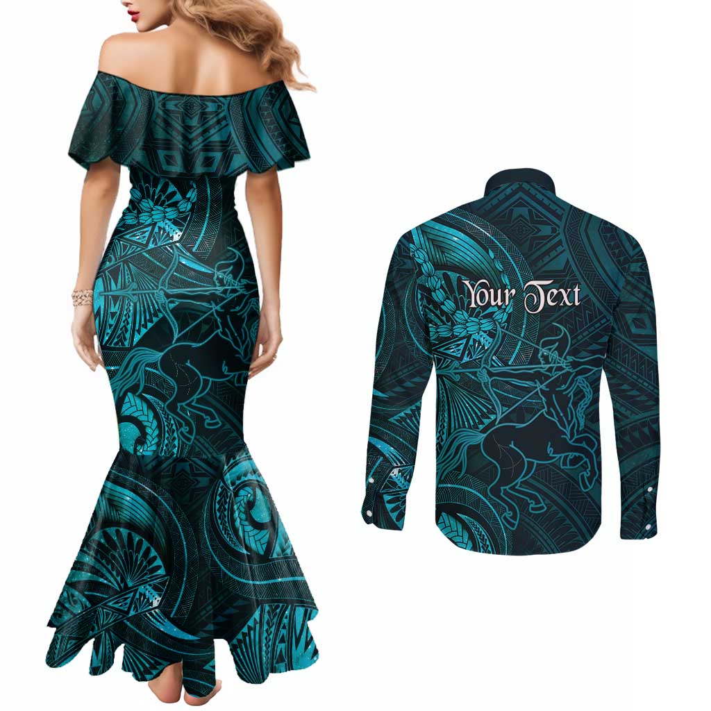 Personalised Polynesia Zodiac Sagittarius Couples Matching Mermaid Dress and Long Sleeve Button Shirt Galaxy Polynesian Pattern Chest Tattoo Style