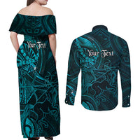 Personalised Polynesia Zodiac Sagittarius Couples Matching Off Shoulder Maxi Dress and Long Sleeve Button Shirt Galaxy Polynesian Pattern Chest Tattoo Style