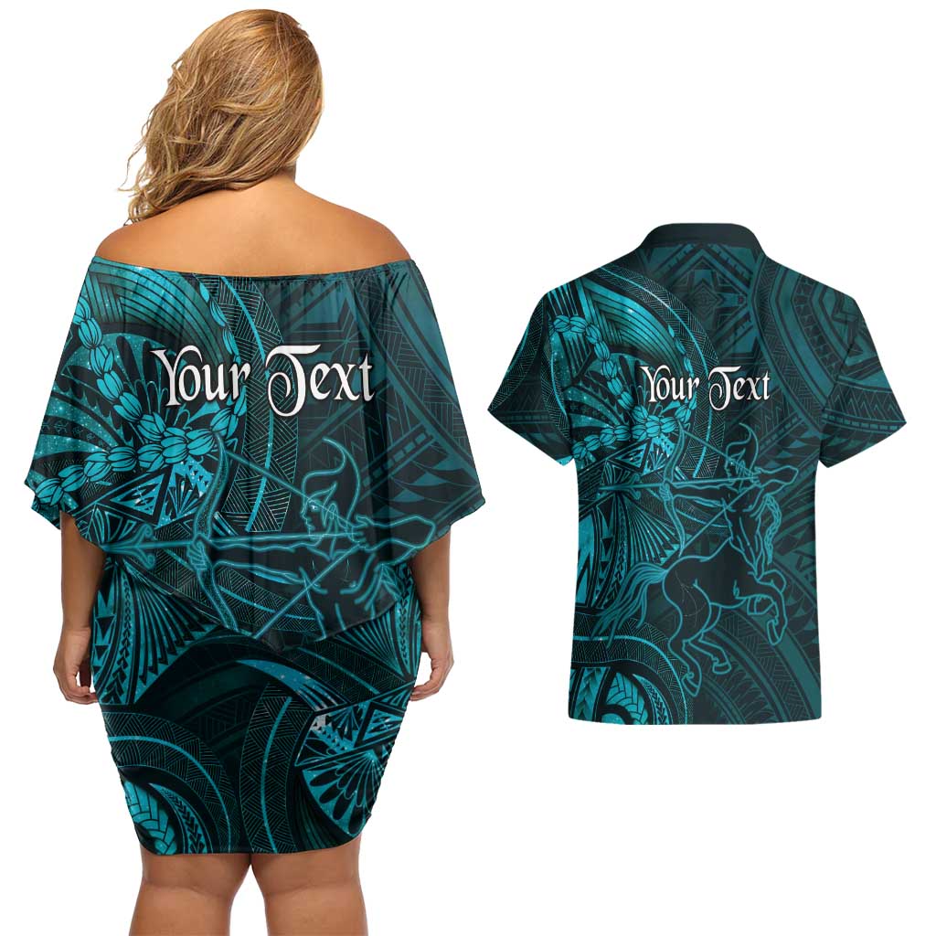 Personalised Polynesia Zodiac Sagittarius Couples Matching Off Shoulder Short Dress and Hawaiian Shirt Galaxy Polynesian Pattern Chest Tattoo Style