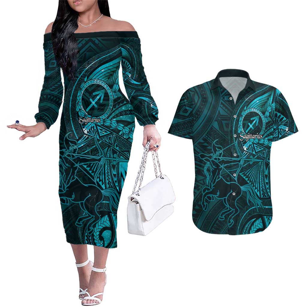 Personalised Polynesia Zodiac Sagittarius Couples Matching Off The Shoulder Long Sleeve Dress and Hawaiian Shirt Galaxy Polynesian Pattern Chest Tattoo Style