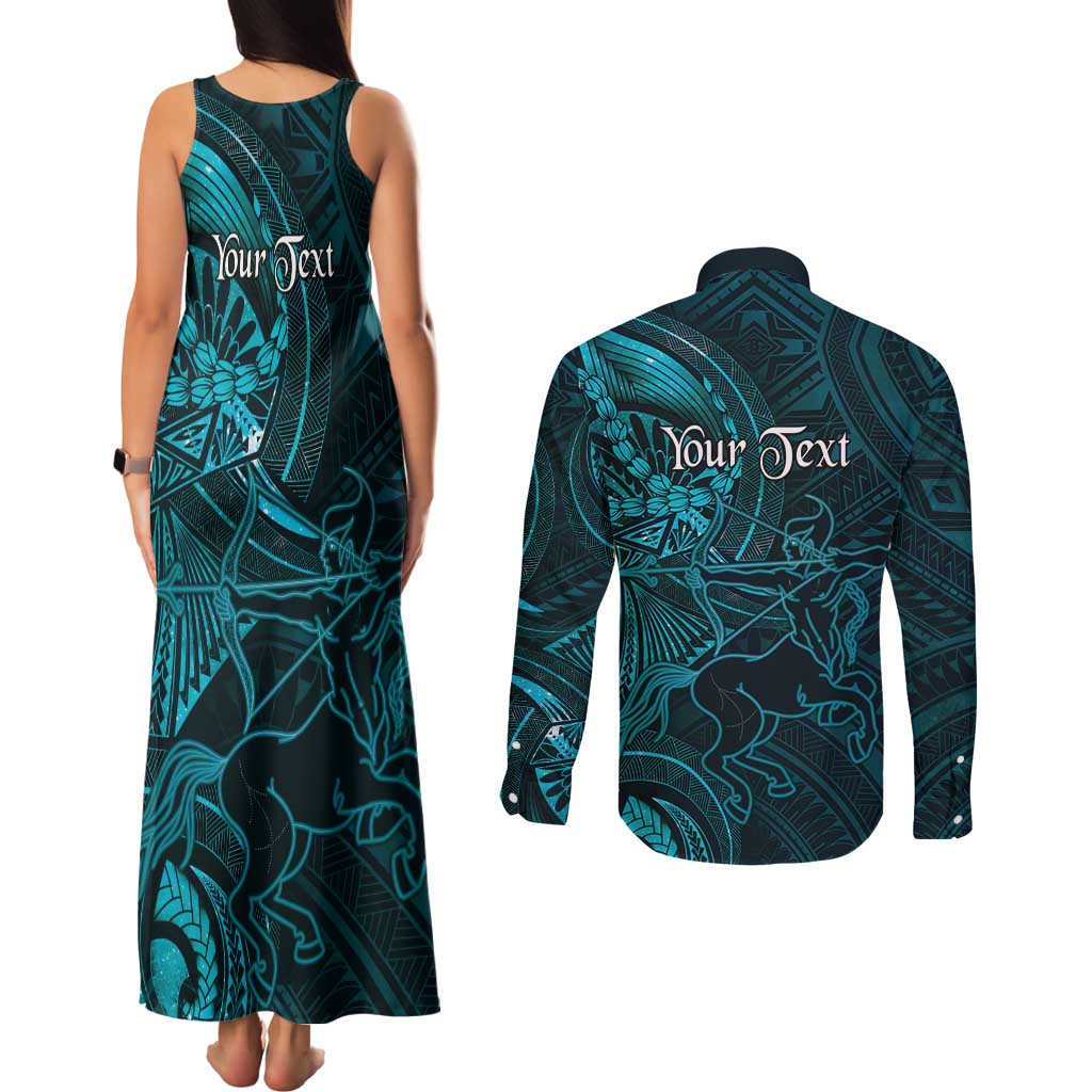 Personalised Polynesia Zodiac Sagittarius Couples Matching Tank Maxi Dress and Long Sleeve Button Shirt Galaxy Polynesian Pattern Chest Tattoo Style