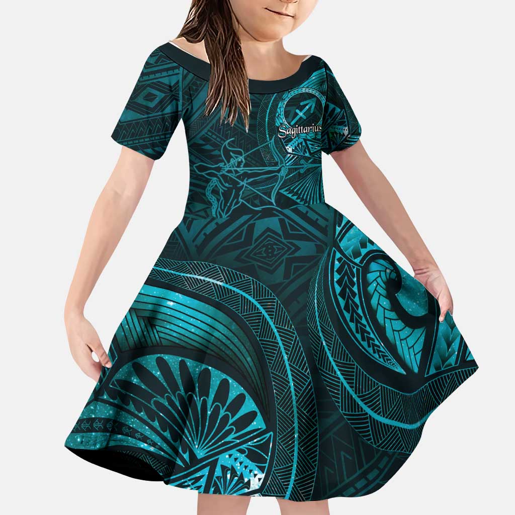 Personalised Polynesia Zodiac Sagittarius Family Matching Long Sleeve Bodycon Dress and Hawaiian Shirt Galaxy Polynesian Pattern Chest Tattoo Style LT14 Daughter's Dress Cyan - Polynesian Pride