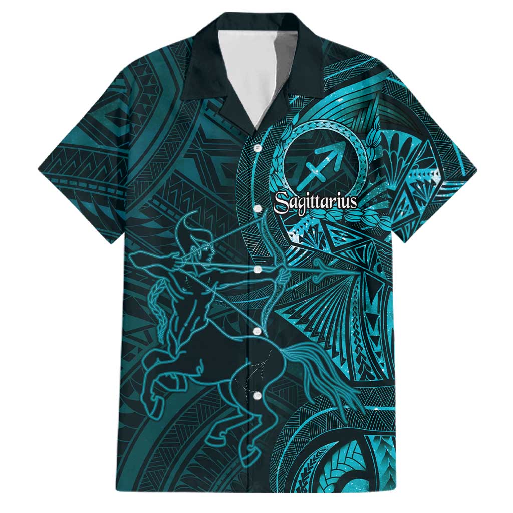 Personalised Polynesia Zodiac Sagittarius Family Matching Long Sleeve Bodycon Dress and Hawaiian Shirt Galaxy Polynesian Pattern Chest Tattoo Style LT14 Dad's Shirt - Short Sleeve Cyan - Polynesian Pride