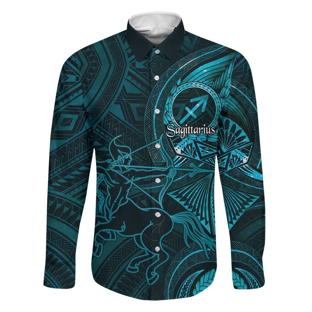 Personalised Polynesia Zodiac Sagittarius Family Matching Long Sleeve Bodycon Dress and Hawaiian Shirt Galaxy Polynesian Pattern Chest Tattoo Style LT14 Dad's Shirt - Long Sleeve Cyan - Polynesian Pride