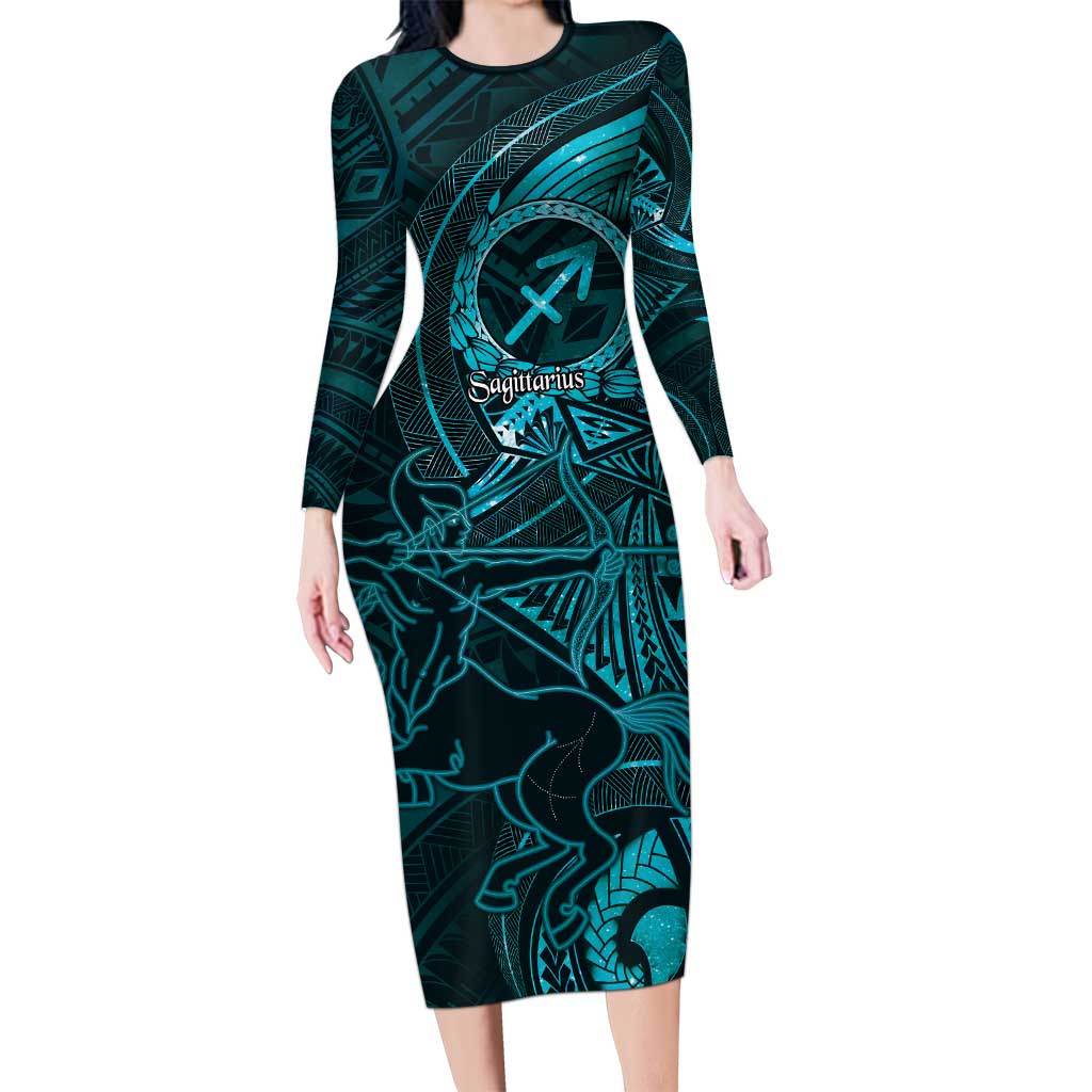 Personalised Polynesia Zodiac Sagittarius Family Matching Long Sleeve Bodycon Dress and Hawaiian Shirt Galaxy Polynesian Pattern Chest Tattoo Style LT14 Mom's Dress Cyan - Polynesian Pride