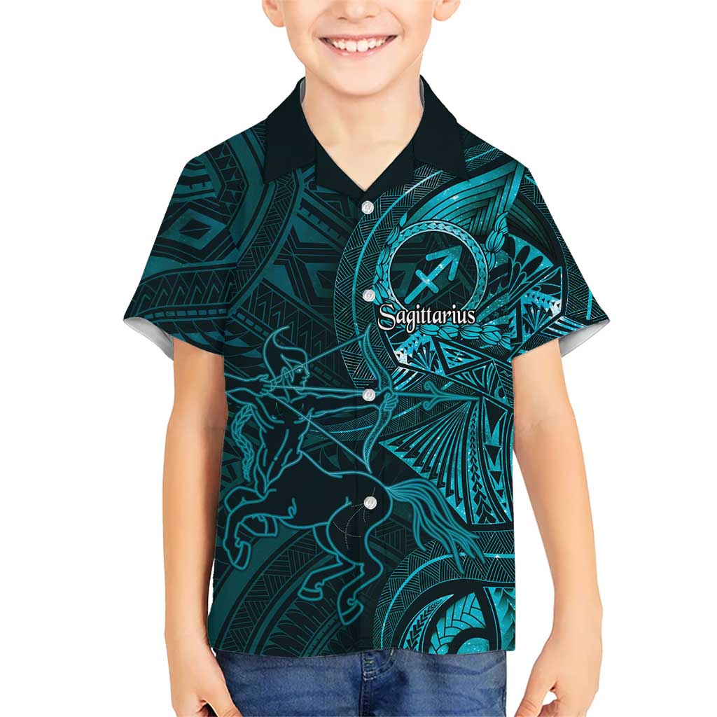 Personalised Polynesia Zodiac Sagittarius Family Matching Long Sleeve Bodycon Dress and Hawaiian Shirt Galaxy Polynesian Pattern Chest Tattoo Style LT14 Son's Shirt Cyan - Polynesian Pride