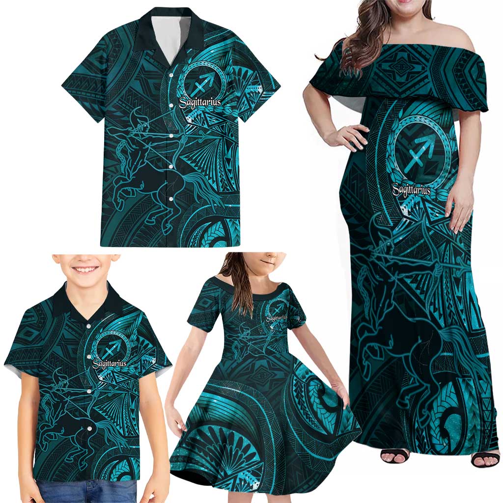 Personalised Polynesia Zodiac Sagittarius Family Matching Off Shoulder Maxi Dress and Hawaiian Shirt Galaxy Polynesian Pattern Chest Tattoo Style