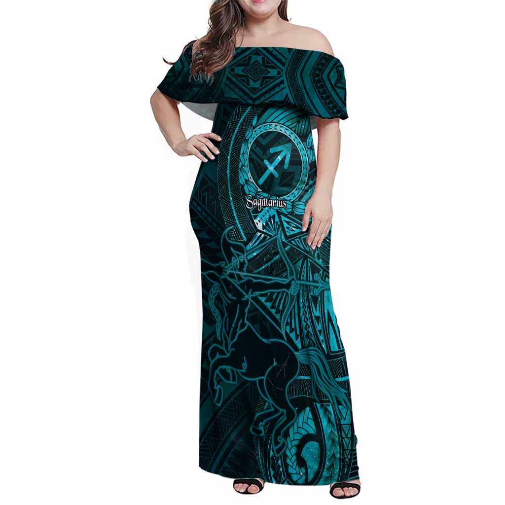 Personalised Polynesia Zodiac Sagittarius Family Matching Off Shoulder Maxi Dress and Hawaiian Shirt Galaxy Polynesian Pattern Chest Tattoo Style
