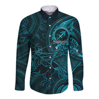 Personalised Polynesia Zodiac Sagittarius Long Sleeve Button Shirt Galaxy Polynesian Pattern Chest Tattoo Style