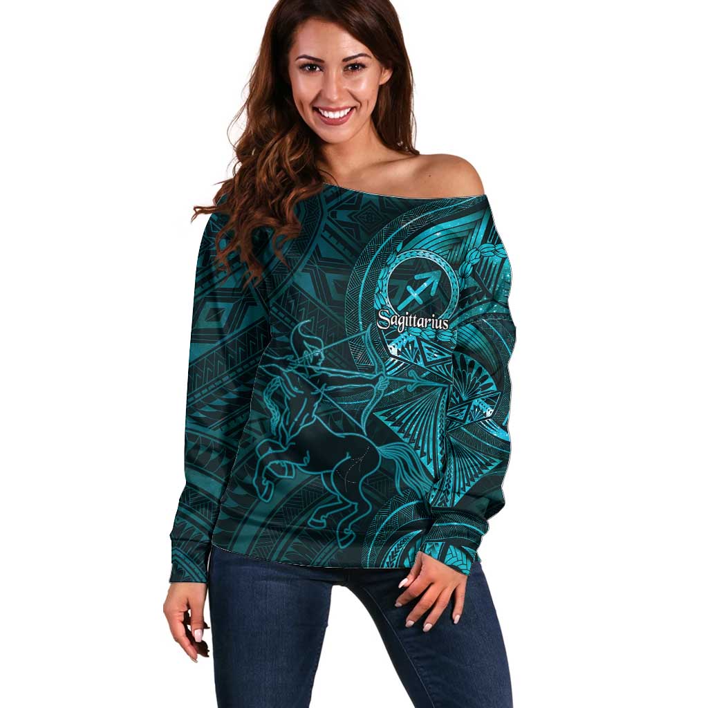 Personalised Polynesia Zodiac Sagittarius Off Shoulder Sweater Galaxy Polynesian Pattern Chest Tattoo Style
