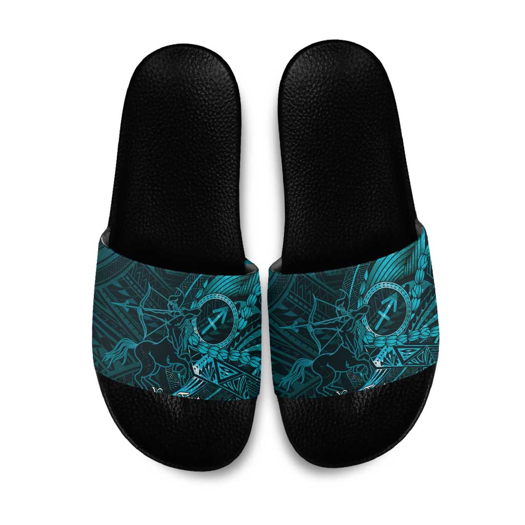 Personalised Polynesia Zodiac Sagittarius Slide Sandals Galaxy Polynesian Pattern Chest Tattoo Style