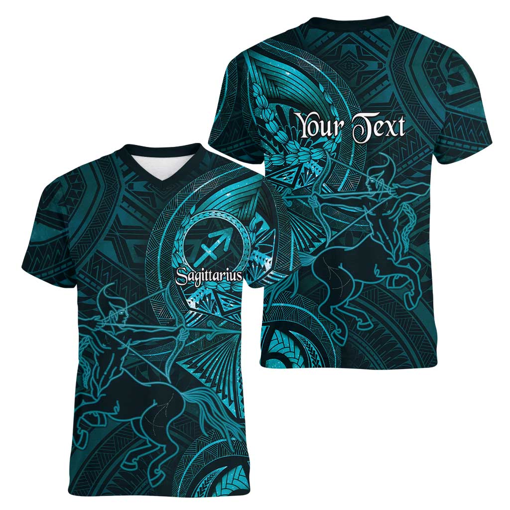 Personalised Polynesia Zodiac Sagittarius Women V-Neck T-Shirt Galaxy Polynesian Pattern Chest Tattoo Style
