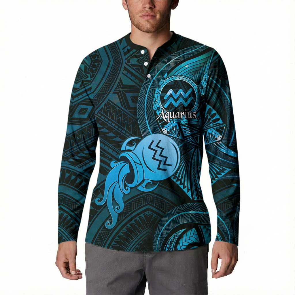 Personalised Polynesia Zodiac Aquarius Button Sweatshirt Galaxy Polynesian Pattern Chest Tattoo Style