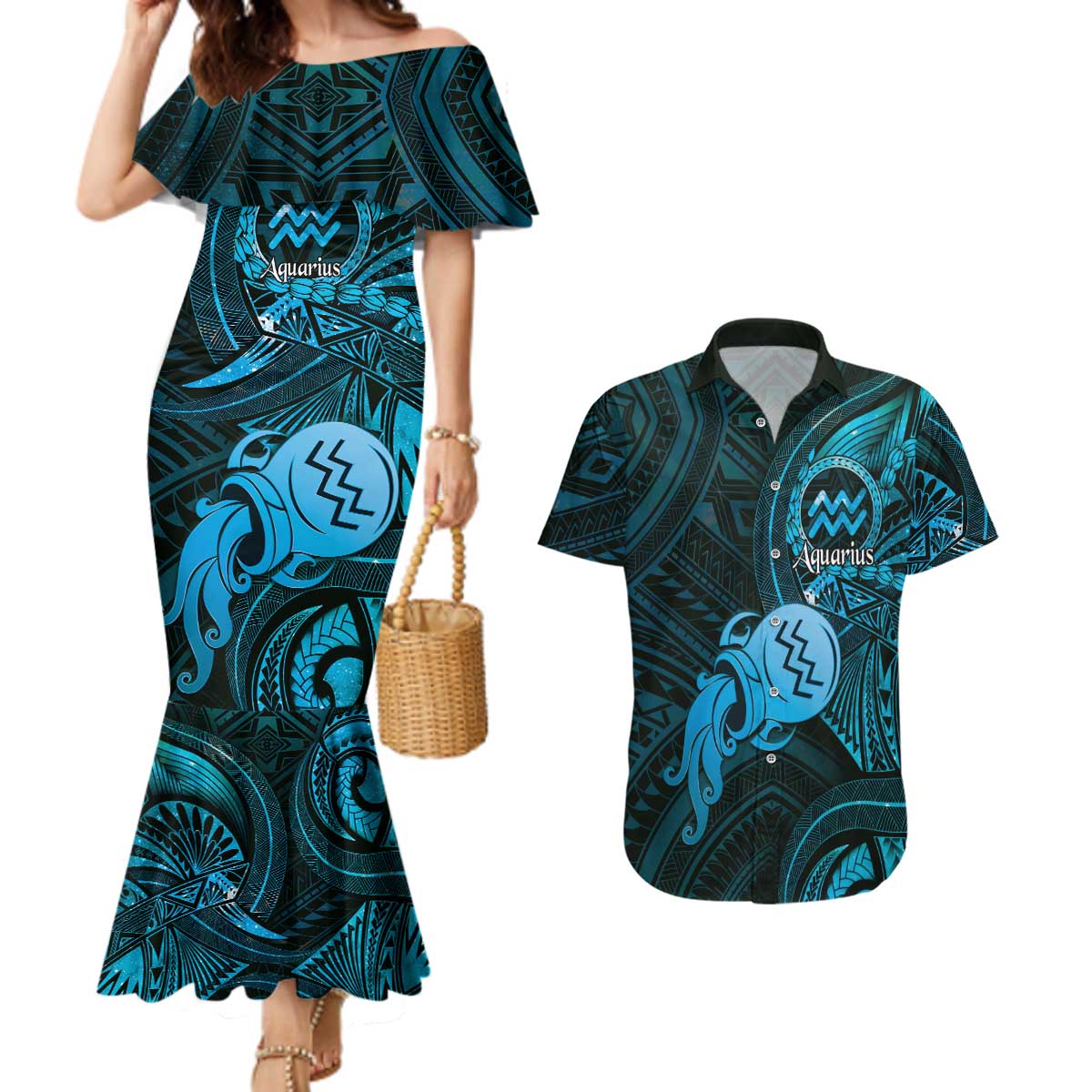 Personalised Polynesia Zodiac Aquarius Couples Matching Mermaid Dress and Hawaiian Shirt Galaxy Polynesian Pattern Chest Tattoo Style