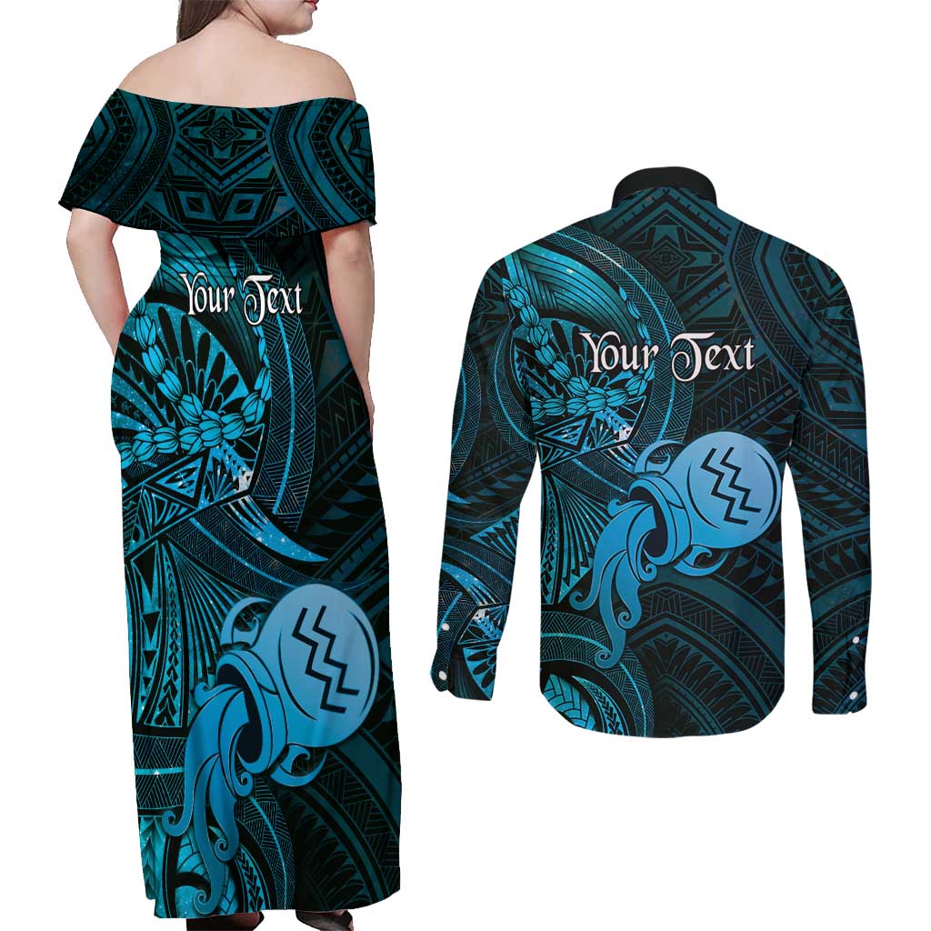 Personalised Polynesia Zodiac Aquarius Couples Matching Off Shoulder Maxi Dress and Long Sleeve Button Shirt Galaxy Polynesian Pattern Chest Tattoo Style