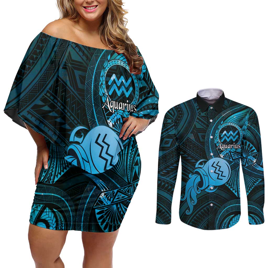 Personalised Polynesia Zodiac Aquarius Couples Matching Off Shoulder Short Dress and Long Sleeve Button Shirt Galaxy Polynesian Pattern Chest Tattoo Style