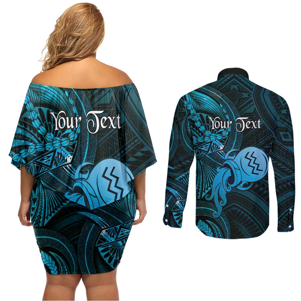 Personalised Polynesia Zodiac Aquarius Couples Matching Off Shoulder Short Dress and Long Sleeve Button Shirt Galaxy Polynesian Pattern Chest Tattoo Style