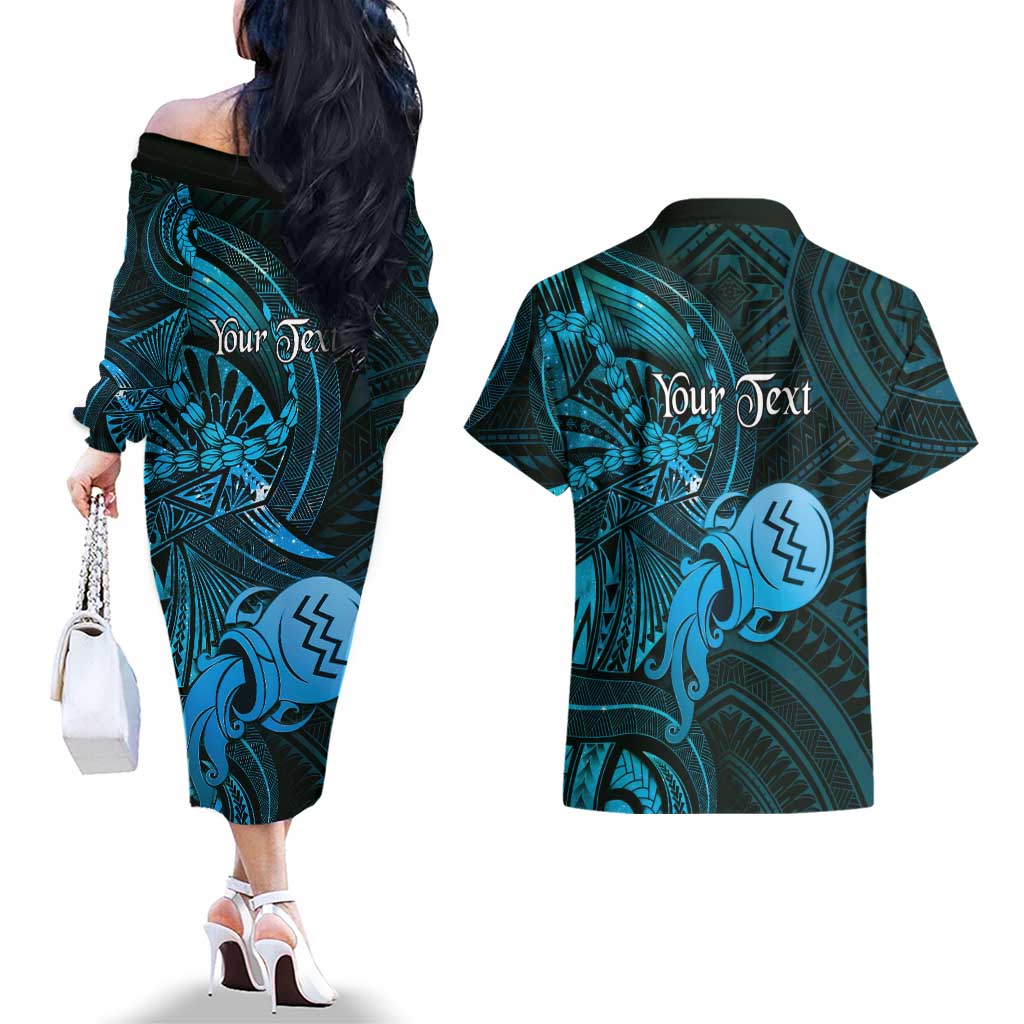Personalised Polynesia Zodiac Aquarius Couples Matching Off The Shoulder Long Sleeve Dress and Hawaiian Shirt Galaxy Polynesian Pattern Chest Tattoo Style