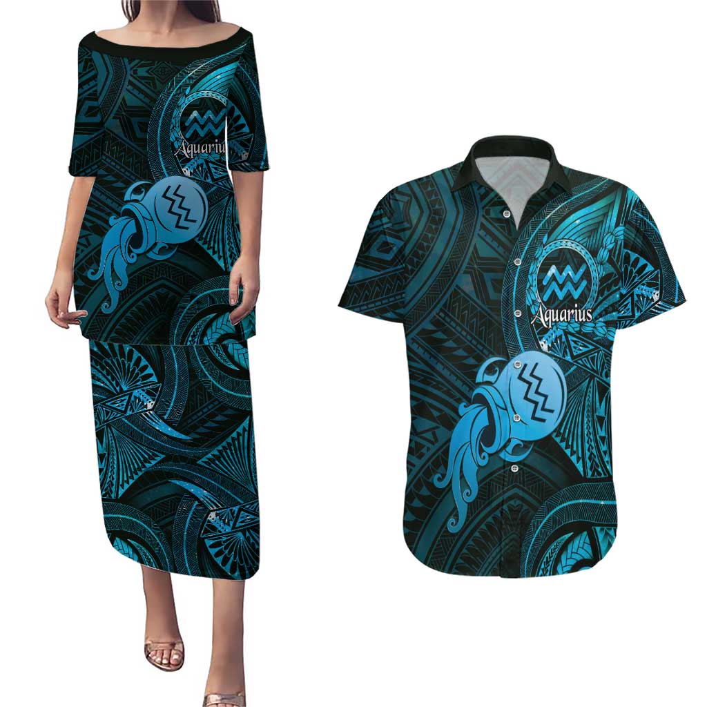 Personalised Polynesia Zodiac Aquarius Couples Matching Puletasi and Hawaiian Shirt Galaxy Polynesian Pattern Chest Tattoo Style
