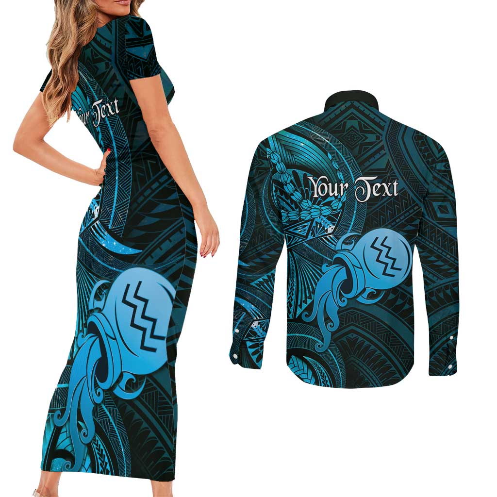 Personalised Polynesia Zodiac Aquarius Couples Matching Short Sleeve Bodycon Dress and Long Sleeve Button Shirt Galaxy Polynesian Pattern Chest Tattoo Style