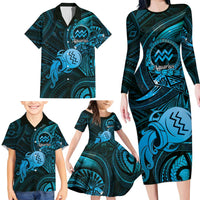 Personalised Polynesia Zodiac Aquarius Family Matching Long Sleeve Bodycon Dress and Hawaiian Shirt Galaxy Polynesian Pattern Chest Tattoo Style
