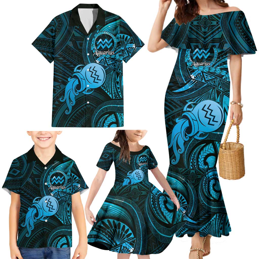 Personalised Polynesia Zodiac Aquarius Family Matching Mermaid Dress and Hawaiian Shirt Galaxy Polynesian Pattern Chest Tattoo Style