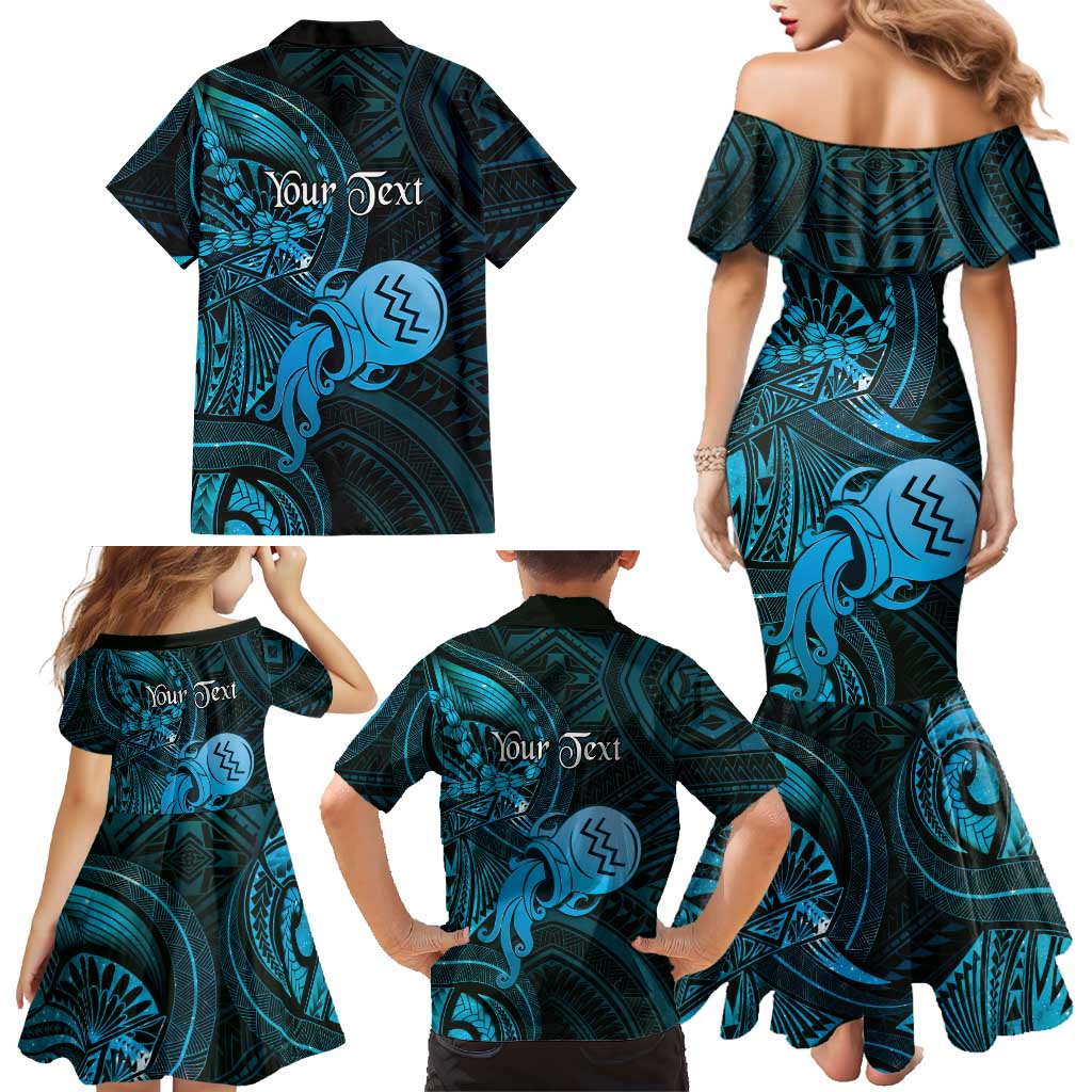 Personalised Polynesia Zodiac Aquarius Family Matching Mermaid Dress and Hawaiian Shirt Galaxy Polynesian Pattern Chest Tattoo Style