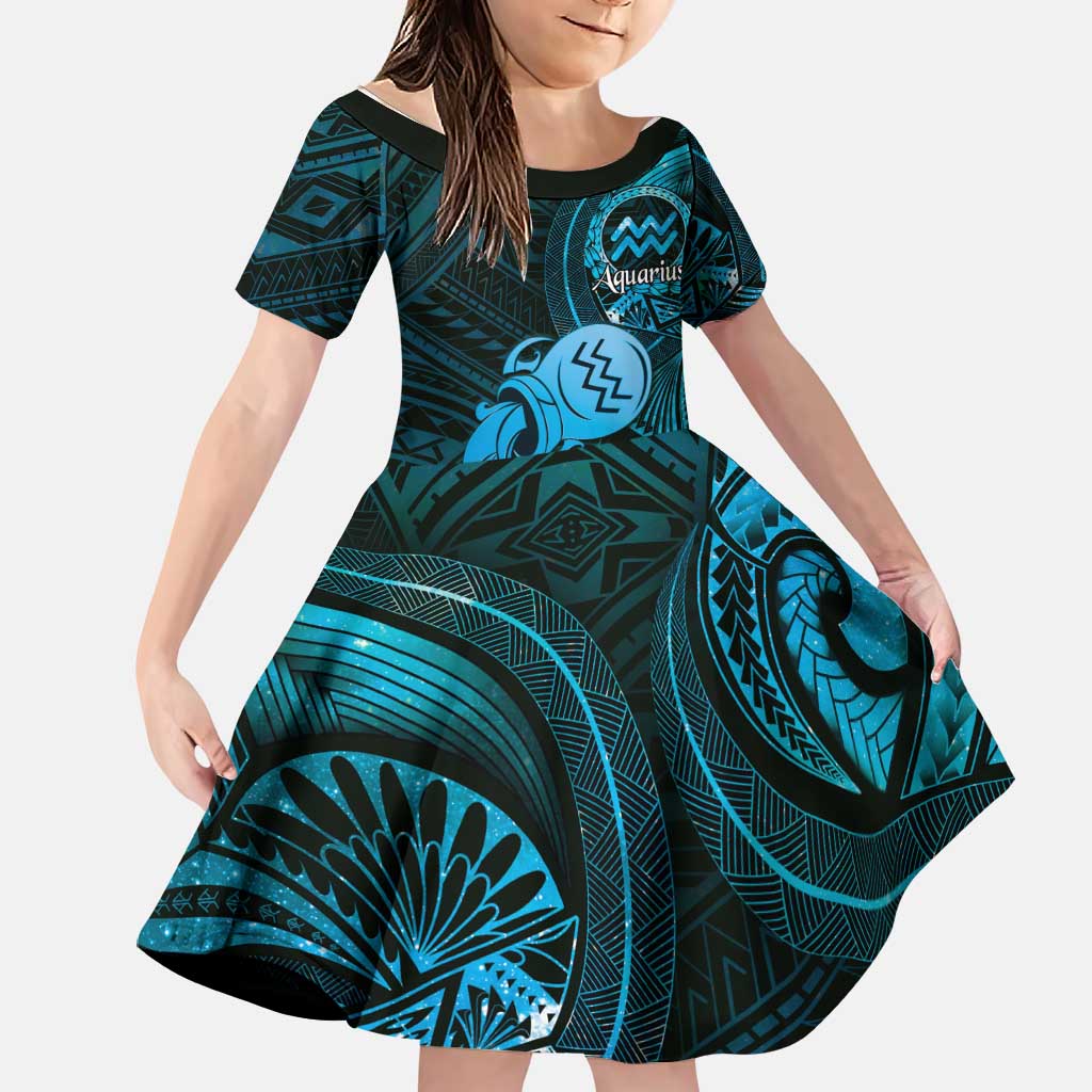 Personalised Polynesia Zodiac Aquarius Family Matching Off Shoulder Short Dress and Hawaiian Shirt Galaxy Polynesian Pattern Chest Tattoo Style