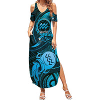 Personalised Polynesia Zodiac Aquarius Family Matching Summer Maxi Dress and Hawaiian Shirt Galaxy Polynesian Pattern Chest Tattoo Style