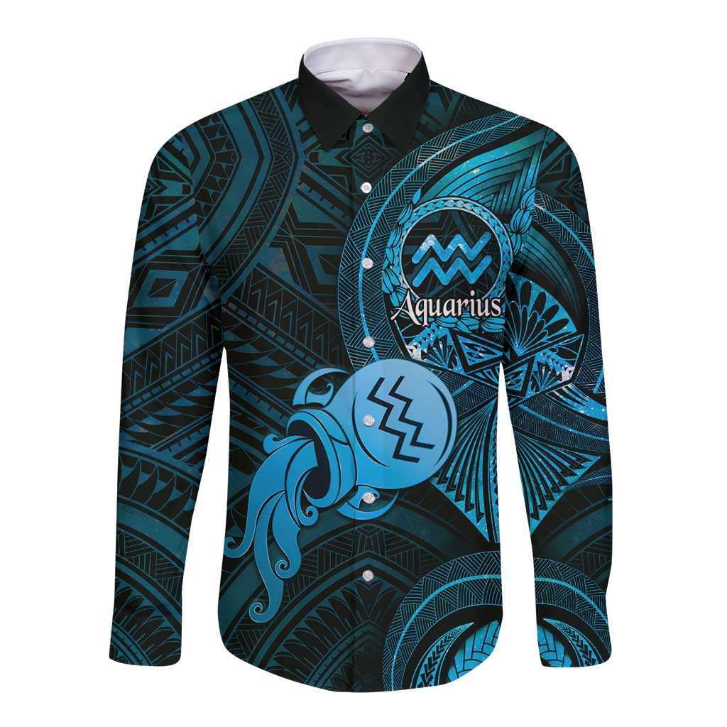 Personalised Polynesia Zodiac Aquarius Long Sleeve Button Shirt Galaxy Polynesian Pattern Chest Tattoo Style