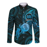 Personalised Polynesia Zodiac Aquarius Long Sleeve Button Shirt Galaxy Polynesian Pattern Chest Tattoo Style