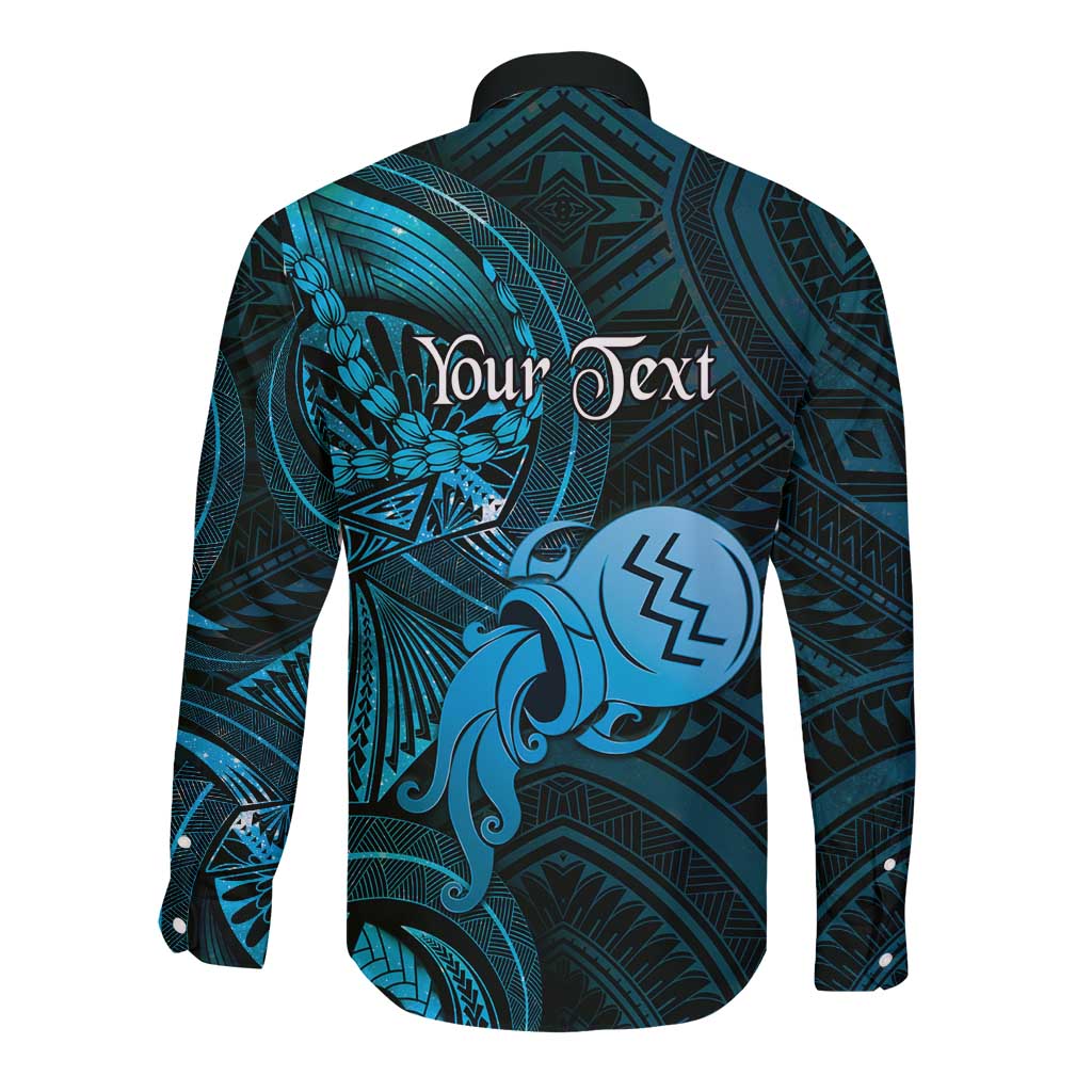 Personalised Polynesia Zodiac Aquarius Long Sleeve Button Shirt Galaxy Polynesian Pattern Chest Tattoo Style