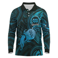Personalised Polynesia Zodiac Aquarius Long Sleeve Polo Shirt Galaxy Polynesian Pattern Chest Tattoo Style