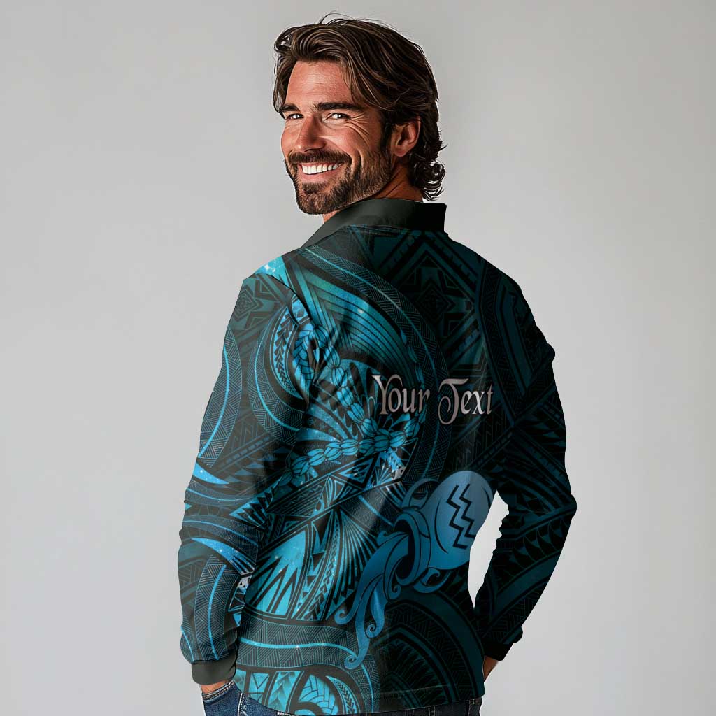 Personalised Polynesia Zodiac Aquarius Long Sleeve Polo Shirt Galaxy Polynesian Pattern Chest Tattoo Style