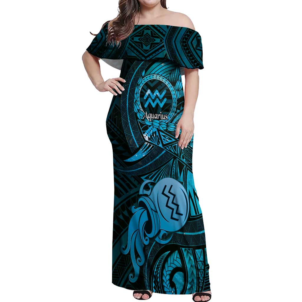 Personalised Polynesia Zodiac Aquarius Off Shoulder Maxi Dress Galaxy Polynesian Pattern Chest Tattoo Style