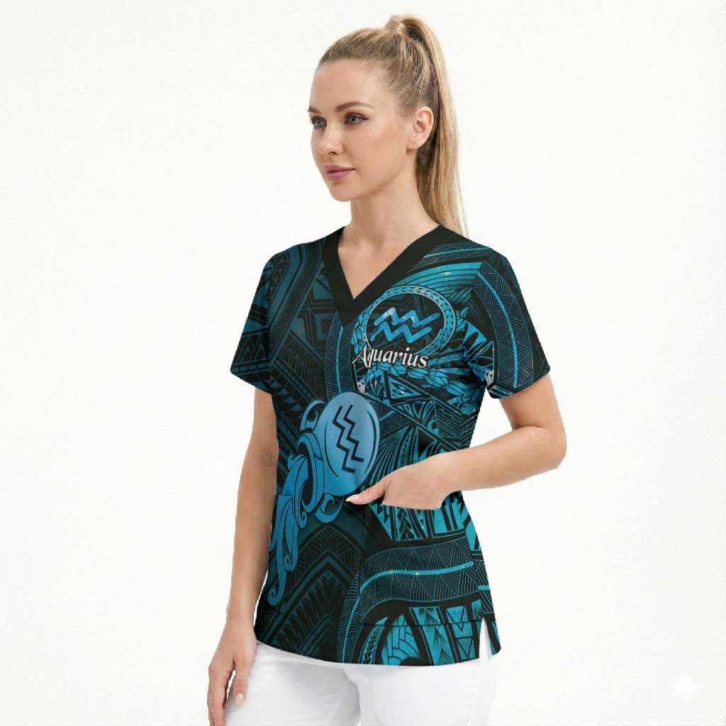 Personalised Polynesia Zodiac Aquarius Scrub Top Galaxy Polynesian Pattern Chest Tattoo Style