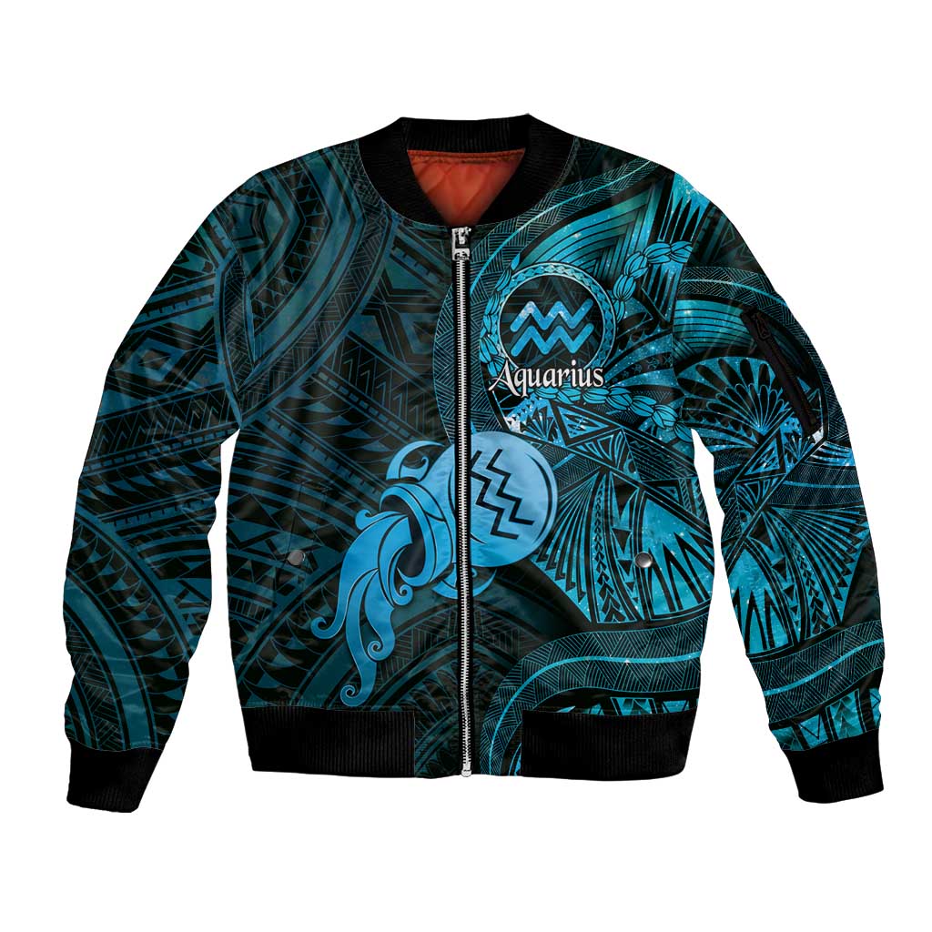Personalised Polynesia Zodiac Aquarius Sleeve Zip Bomber Jacket Galaxy Polynesian Pattern Chest Tattoo Style