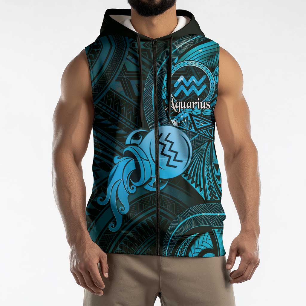 Personalised Polynesia Zodiac Aquarius Sleeveless Zip Hoodie Galaxy Polynesian Pattern Chest Tattoo Style