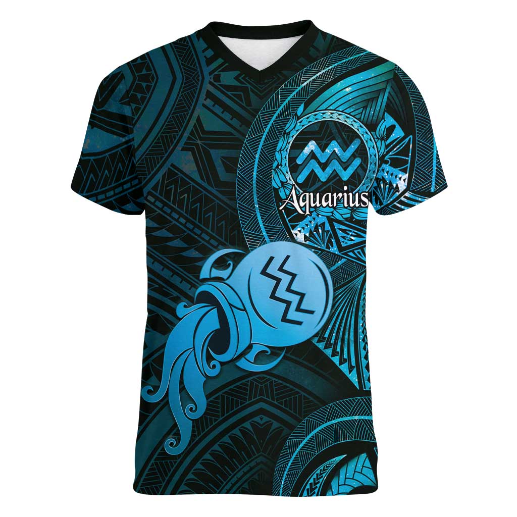 Personalised Polynesia Zodiac Aquarius Women V-Neck T-Shirt Galaxy Polynesian Pattern Chest Tattoo Style