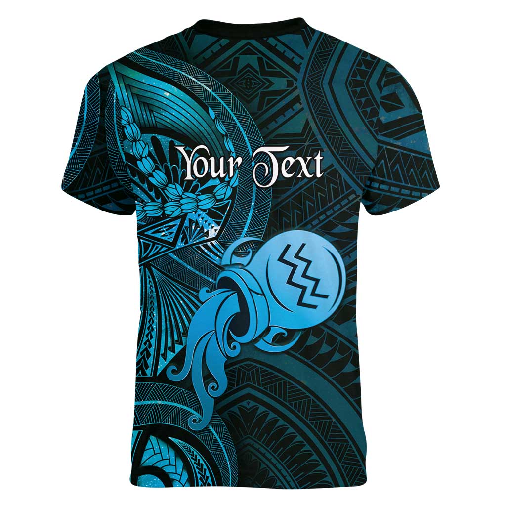 Personalised Polynesia Zodiac Aquarius Women V-Neck T-Shirt Galaxy Polynesian Pattern Chest Tattoo Style